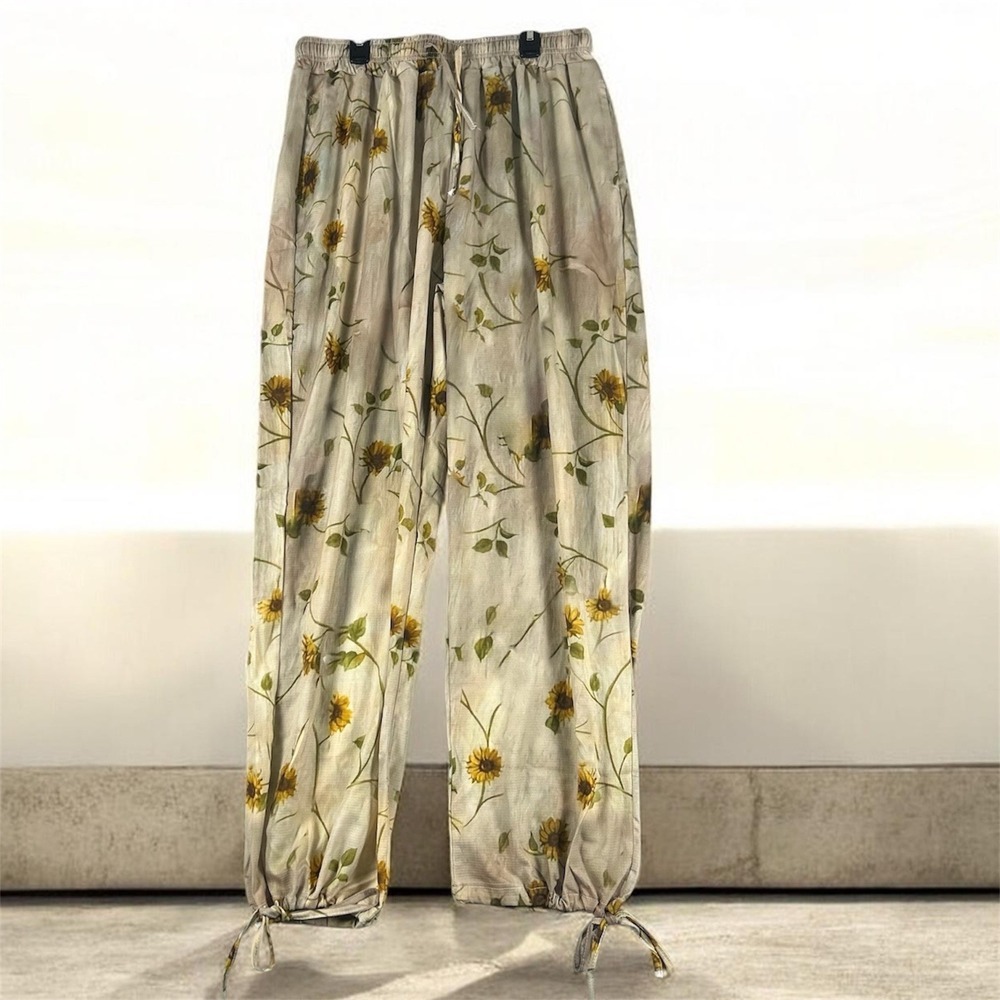Sunflower-Print Wide Leg Tie-Hem Pants - Cream